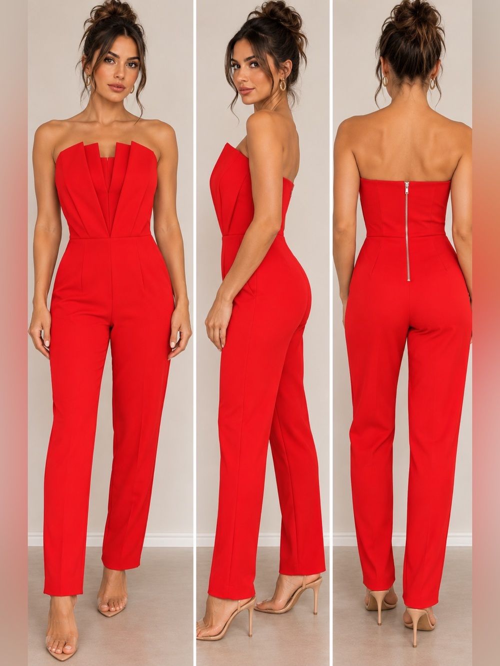 Luxxel Strapless Red V-Neck Evening Dress